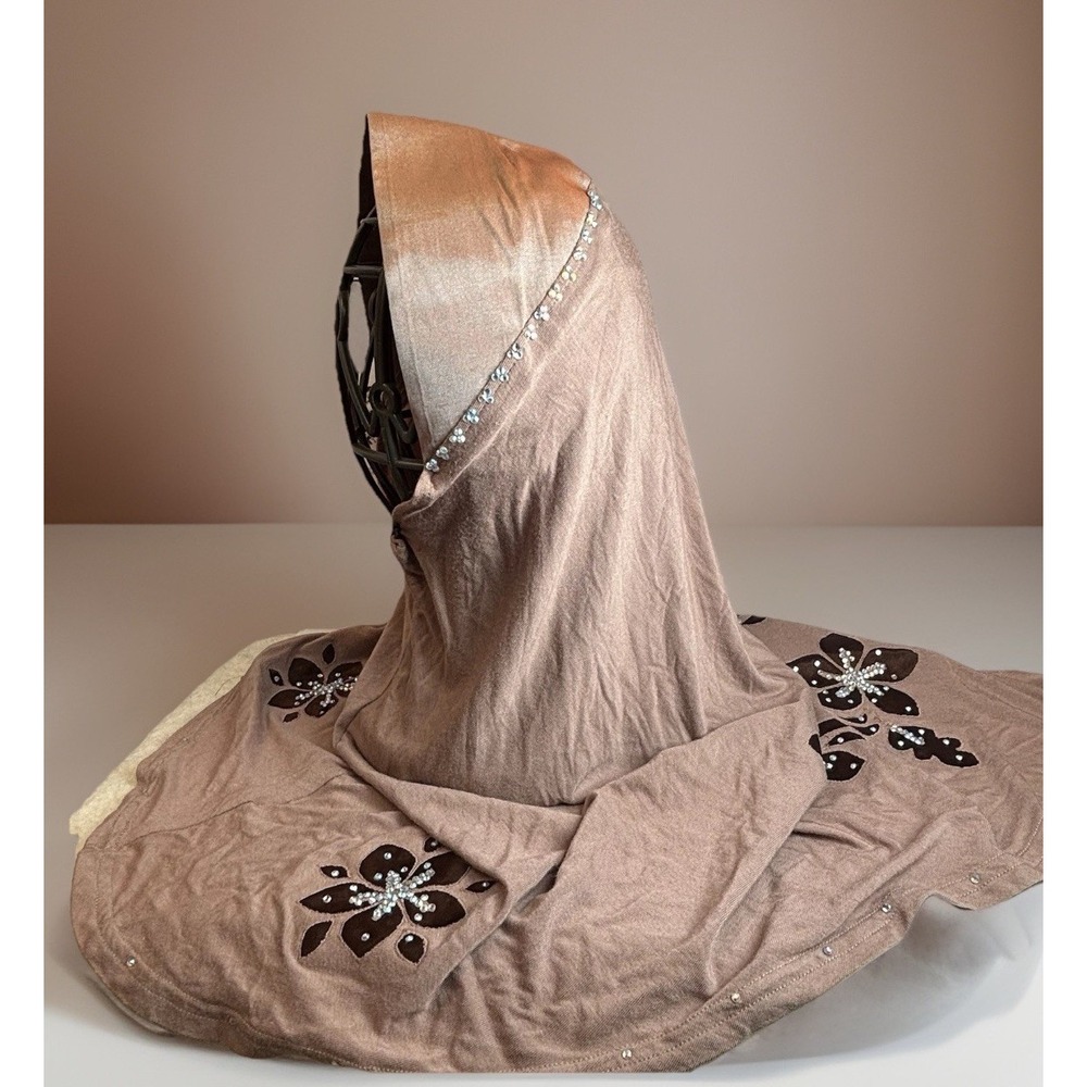 Natasha Exclusive Hijab Head Chiffon‎ Scarf Shimmer Pink/Tan Beaded Brown Floral